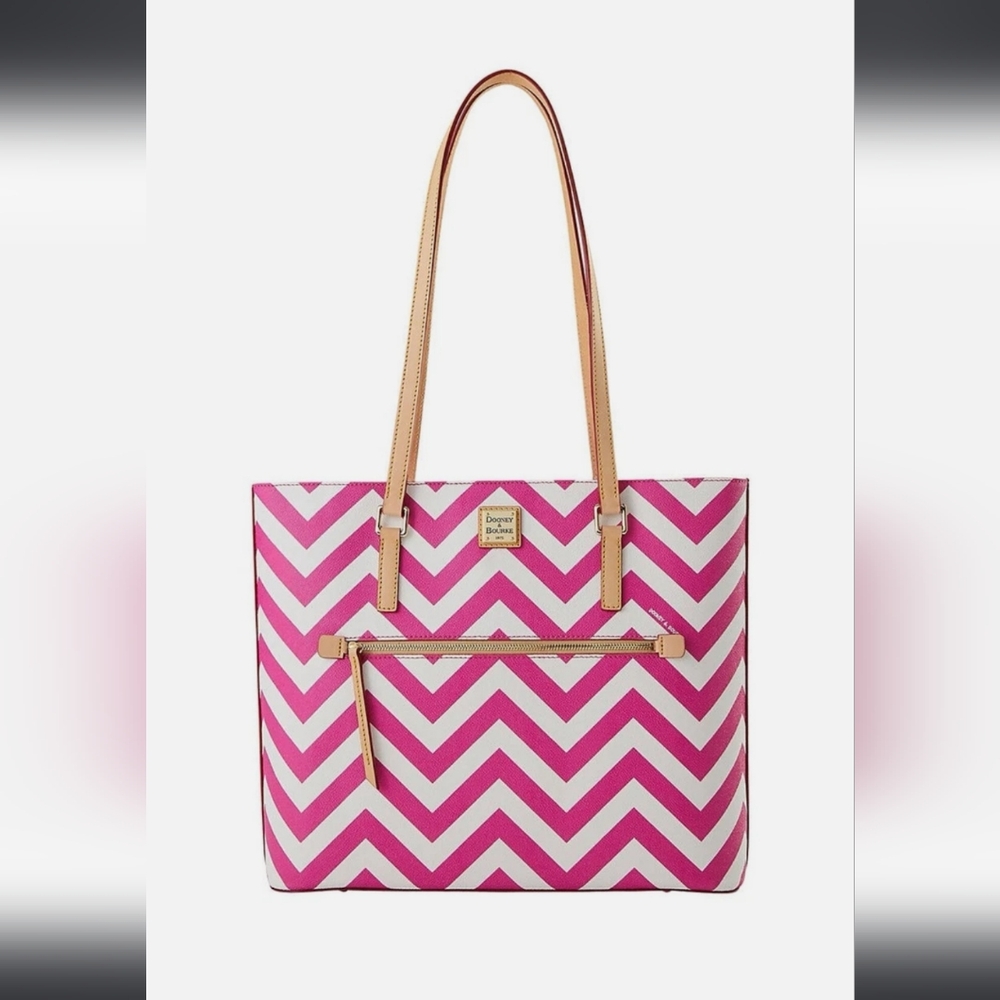 NWT Dooney & Bourke Large Shopper Tote W/ Zipper Closure: Fuchsia/White Chevron - Picture 11 of 11